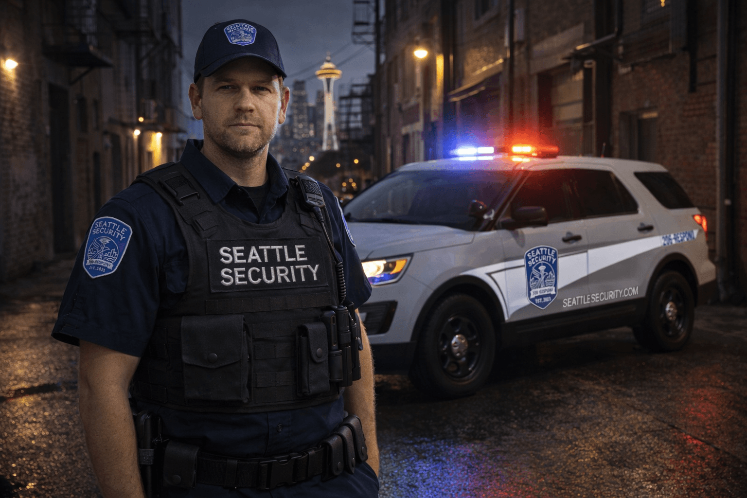 Seattle Security patrol officer and marked security vehicle providing professional guard services in Seattle